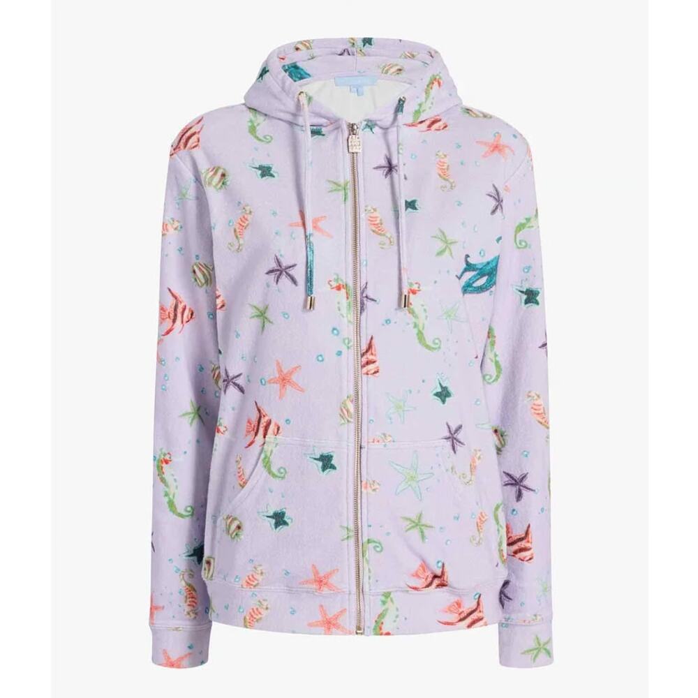 Hill House The Allie Cotton Terry Zip-Up Hoodie Jacket Sea Creatures Purple M